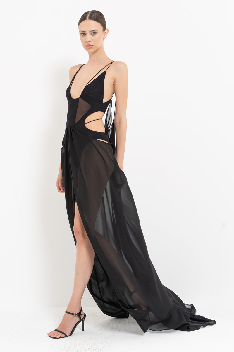 Wholesale Sheer Black Cami Chiffon Dress with Bodysuit