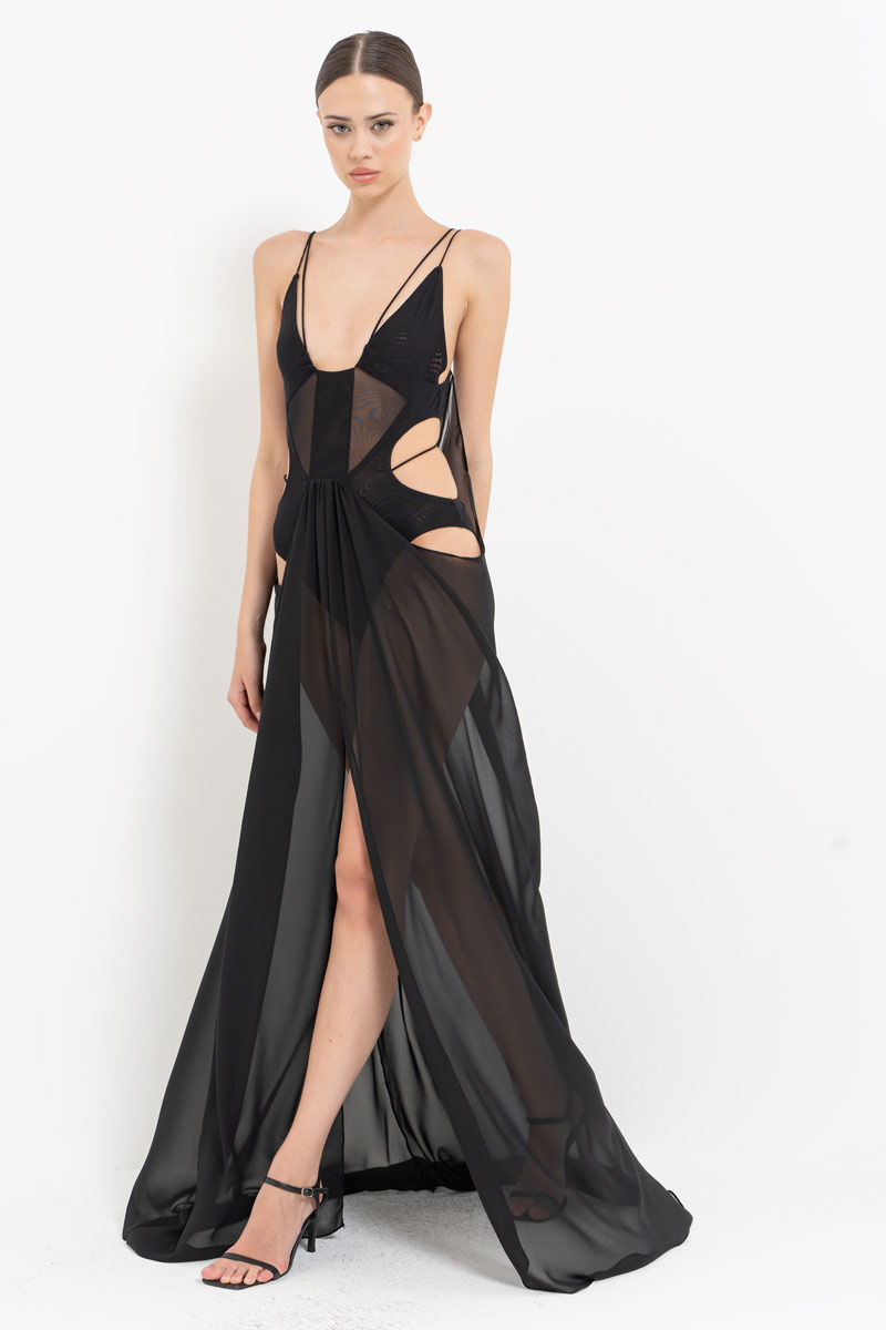 Wholesale Sheer Black Cami Chiffon Dress with Bodysuit