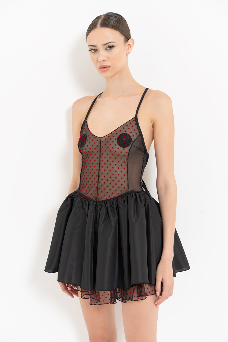 Black-Red Cross-Back Polka Dot Mesh Dress