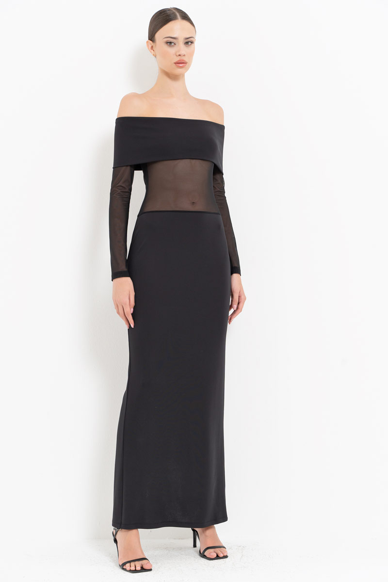 Black Off-the-Shoulder Mesh-Insert Maxi Dress