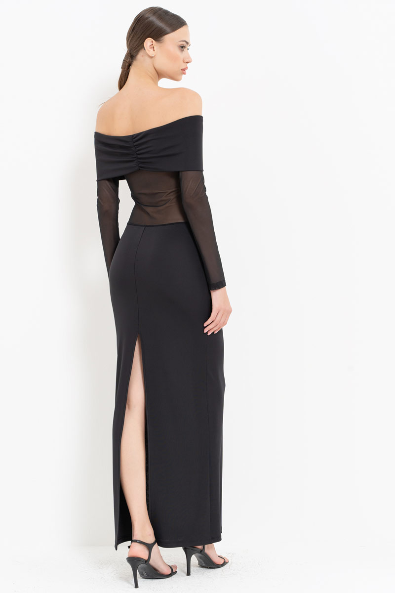 Black Off-the-Shoulder Mesh-Insert Maxi Dress