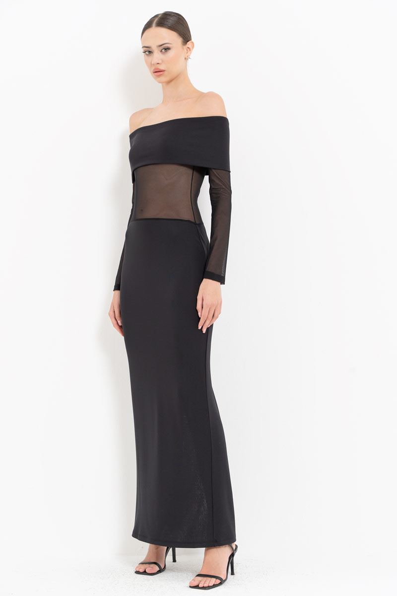 Black Off-the-Shoulder Mesh-Insert Maxi Dress