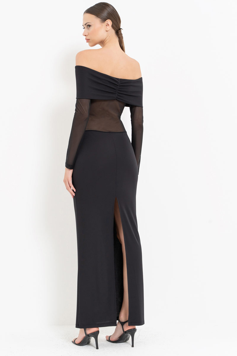 Black Off-the-Shoulder Mesh-Insert Maxi Dress