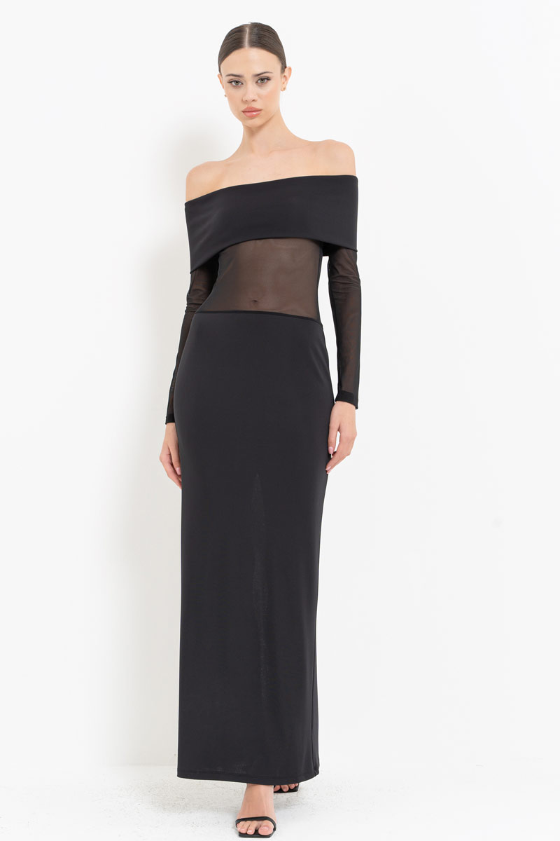 Black Off-the-Shoulder Mesh-Insert Maxi Dress