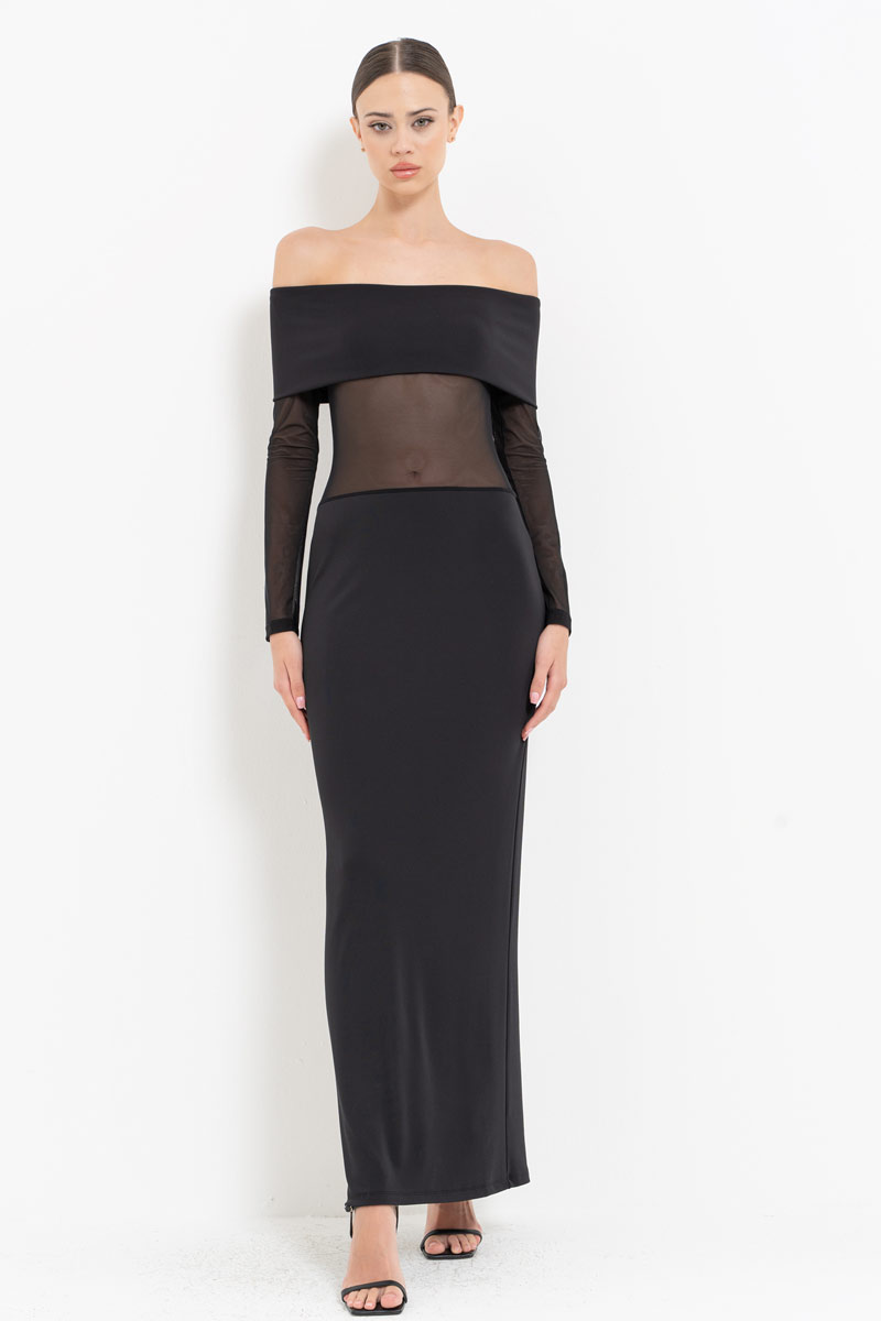 Black Off-the-Shoulder Mesh-Insert Maxi Dress