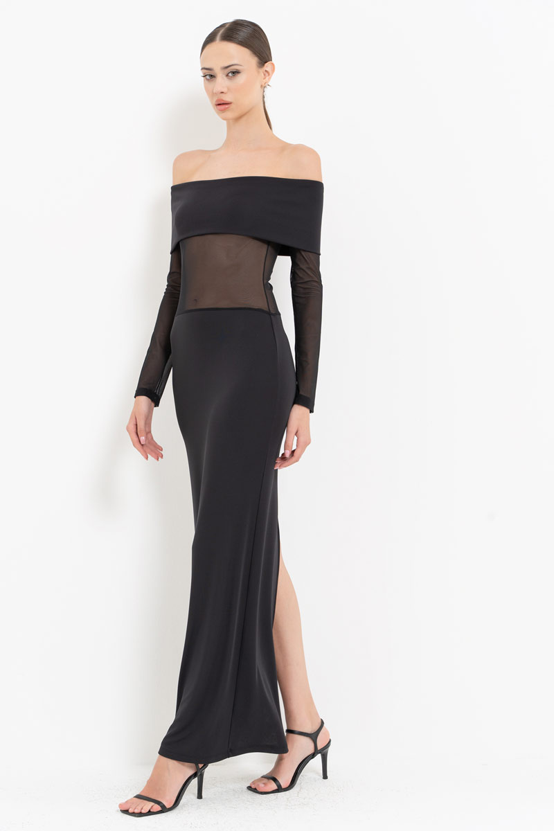 Black Off-the-Shoulder Mesh-Insert Maxi Dress