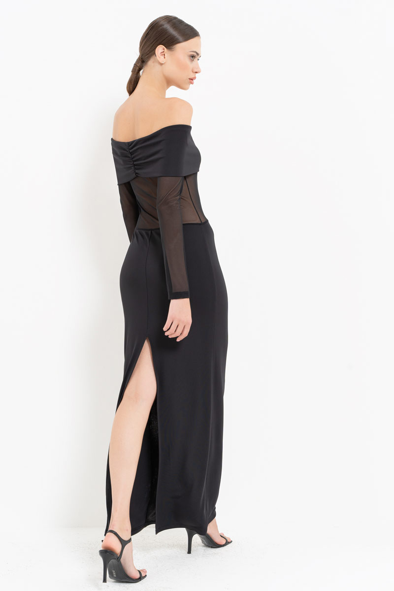 Black Off-the-Shoulder Mesh-Insert Maxi Dress