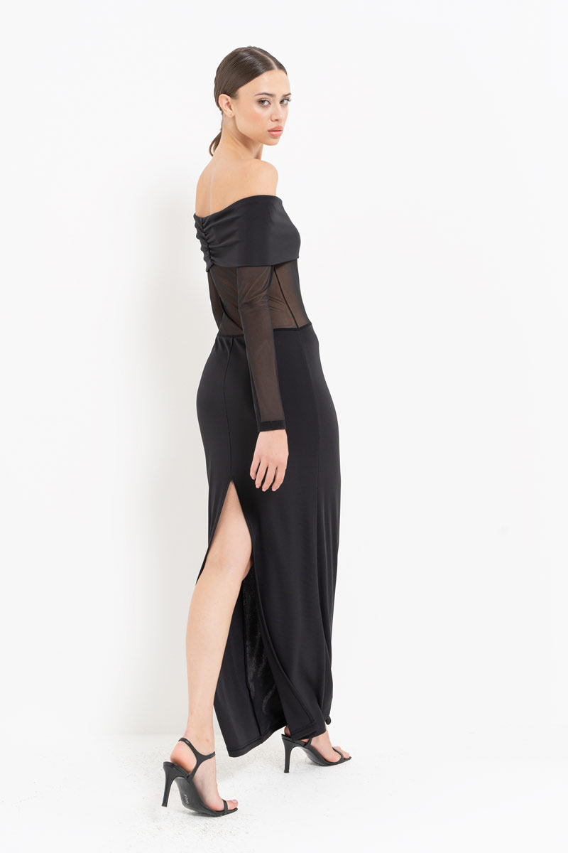 Black Off-the-Shoulder Mesh-Insert Maxi Dress