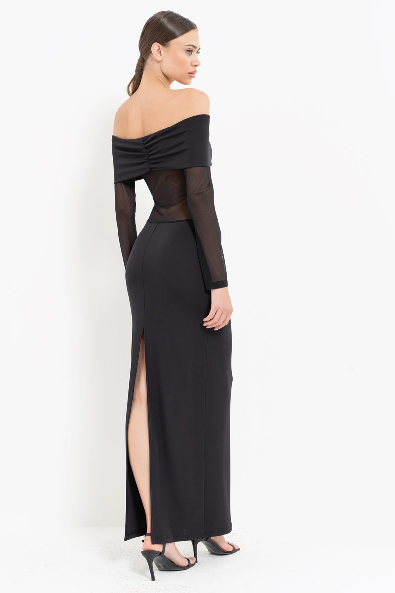 Black Off-the-Shoulder Mesh-Insert Maxi Dress