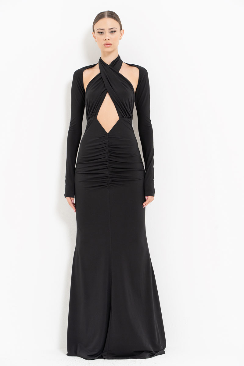 Black Cross-Neck Maxi Dress with Bolero