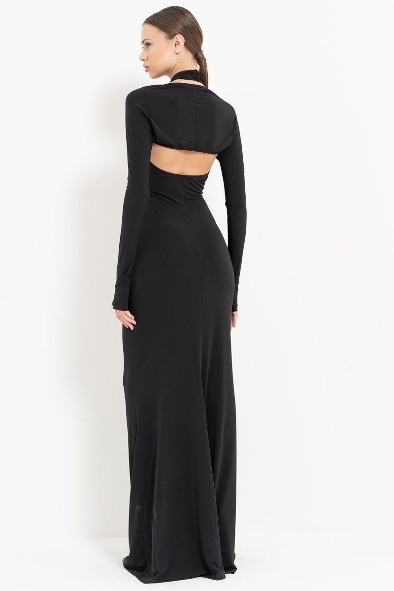 Black Cross-Neck Maxi Dress with Bolero