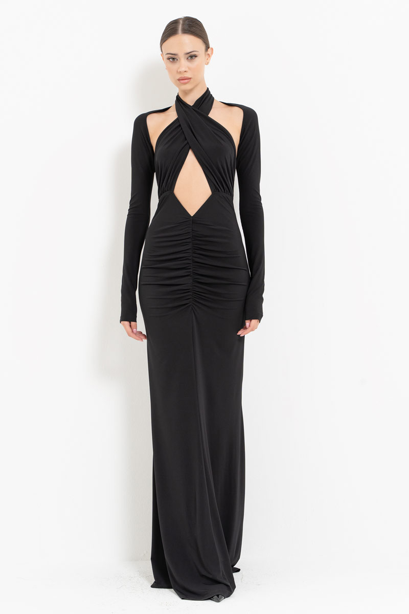 Black Cross-Neck Maxi Dress with Bolero