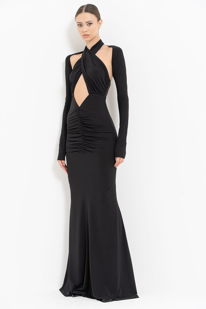 Black Cross-Neck Maxi Dress with Bolero