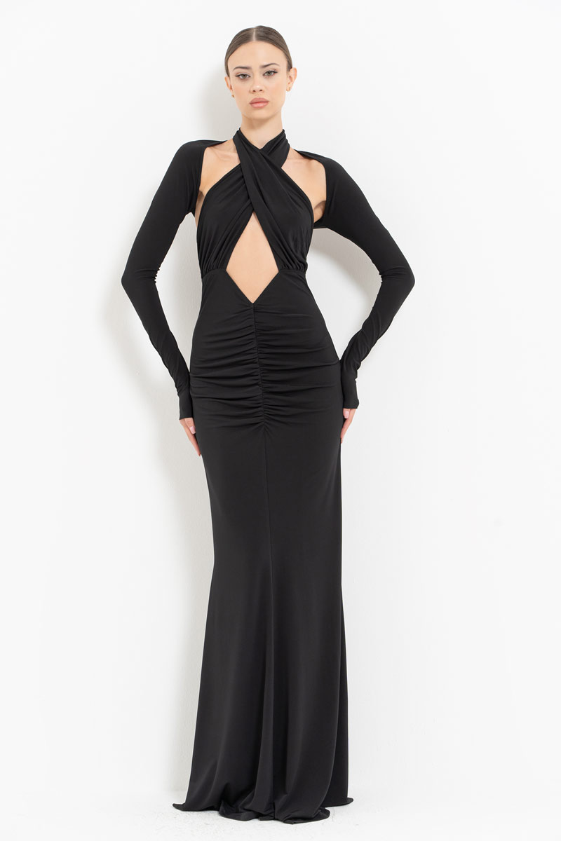 Black Cross-Neck Maxi Dress with Bolero