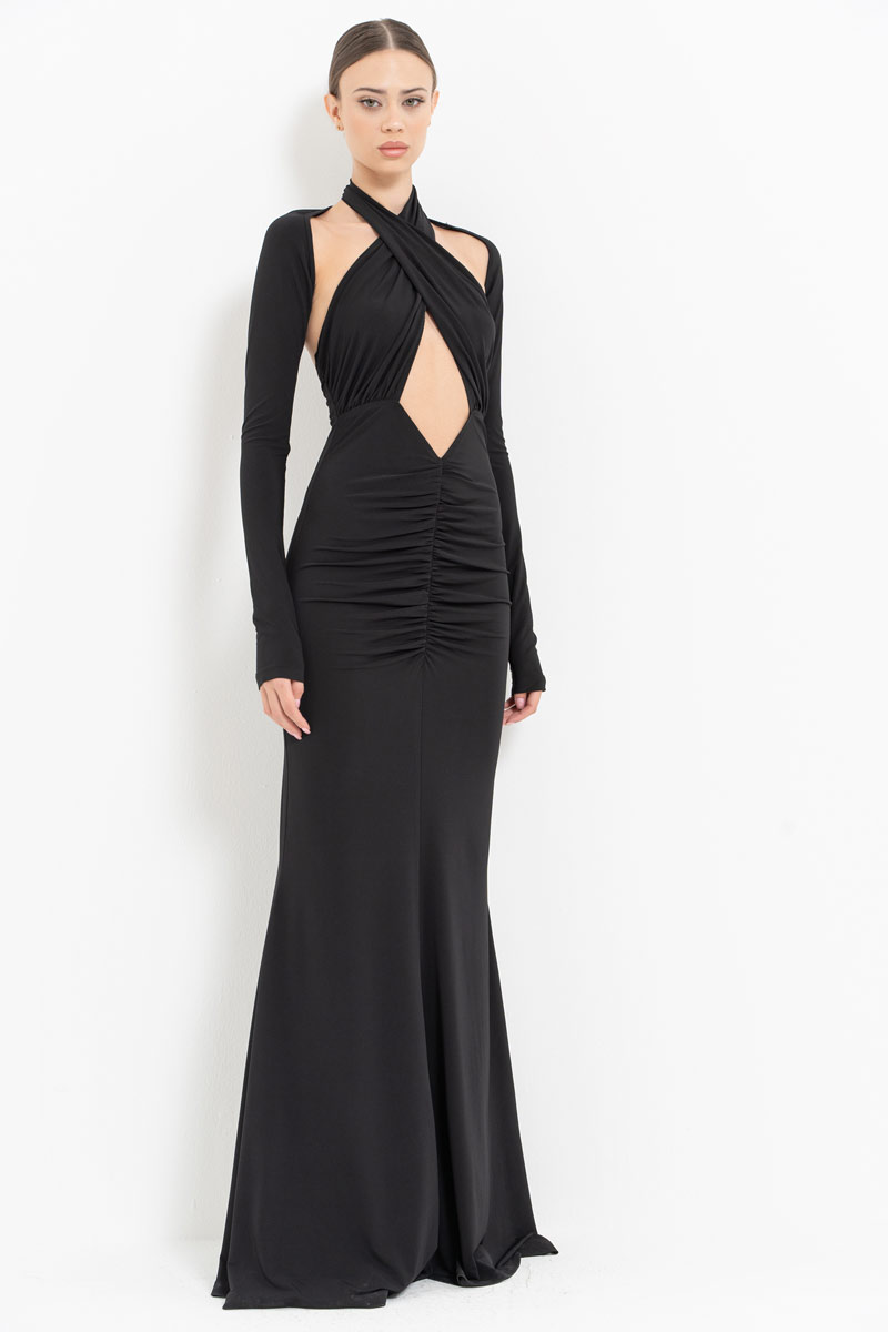 Black Cross-Neck Maxi Dress with Bolero