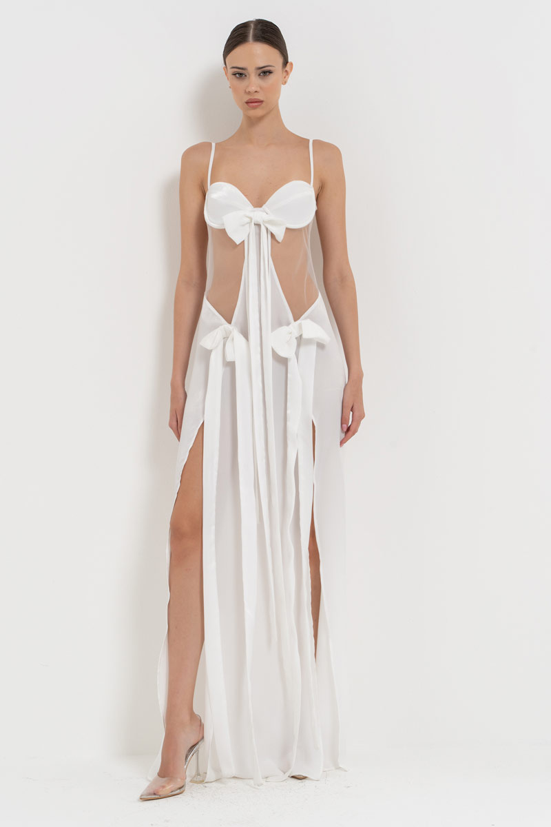 Offwhite Ribbon-Accent Split-Front Dress