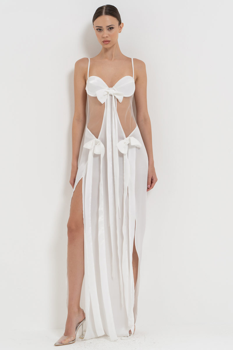 Offwhite Ribbon-Accent Split-Front Dress