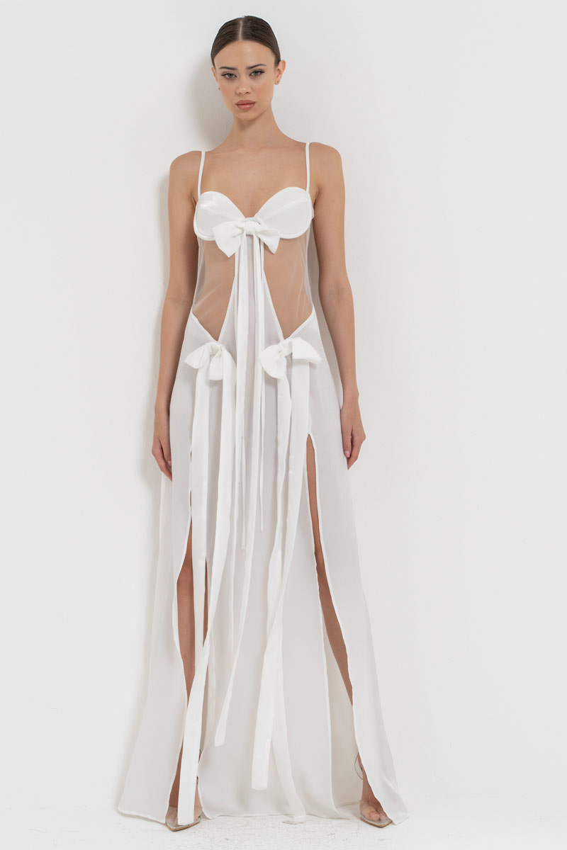 Offwhite Ribbon-Accent Split-Front Dress