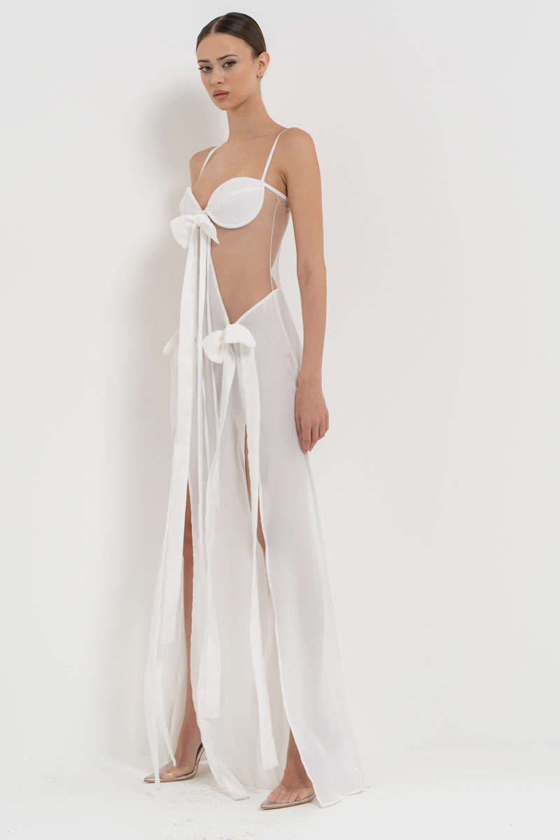 Offwhite Ribbon-Accent Split-Front Dress