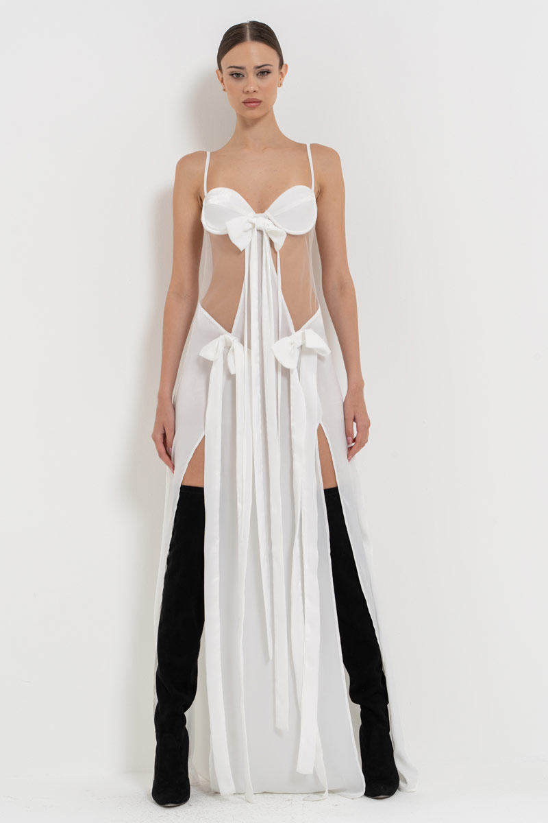 Offwhite Ribbon-Accent Split-Front Dress