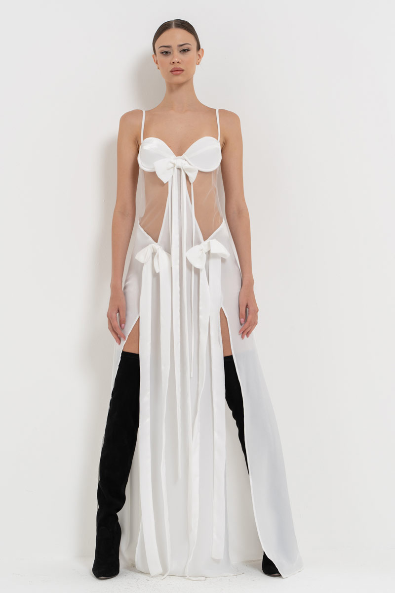 Offwhite Ribbon-Accent Split-Front Dress