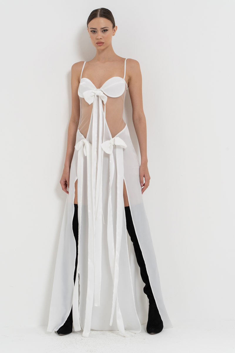 Offwhite Ribbon-Accent Split-Front Dress