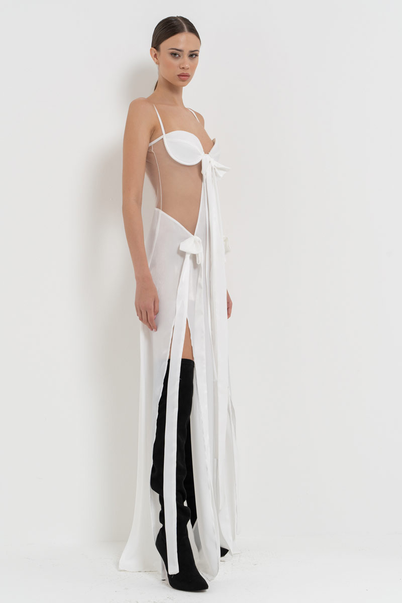 Offwhite Ribbon-Accent Split-Front Dress