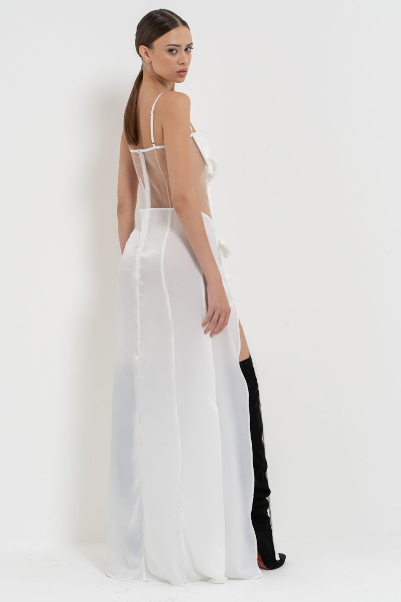 Offwhite Ribbon-Accent Split-Front Dress