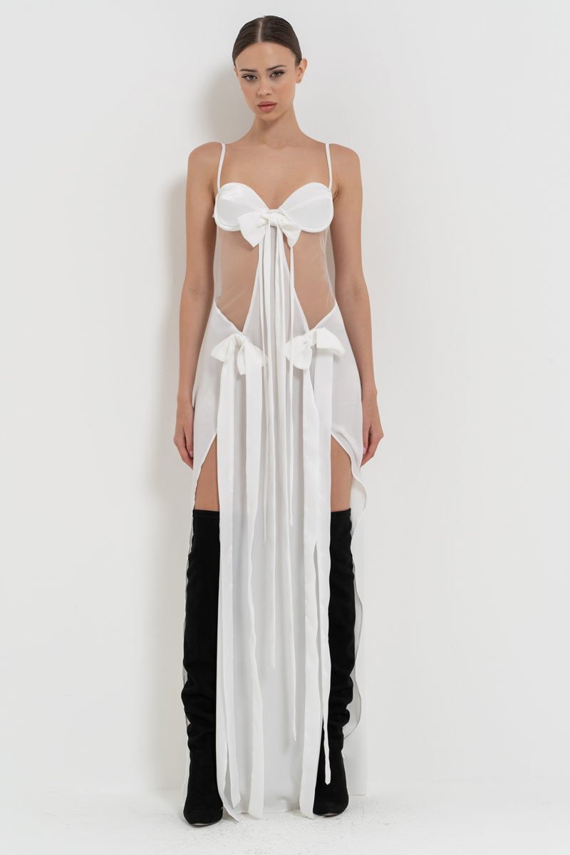 Offwhite Ribbon-Accent Split-Front Dress