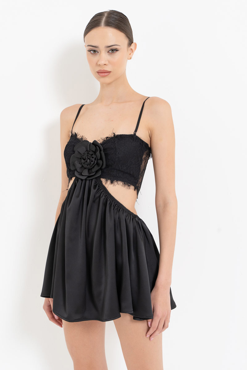 Black Cut Out Waist Satin Mini Dress