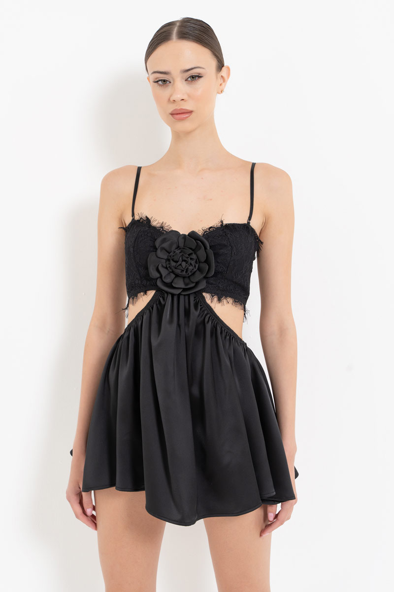 Black Cut Out Waist Satin Mini Dress