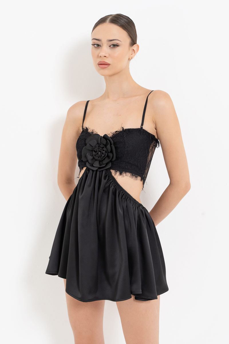 Black Cut Out Waist Satin Mini Dress