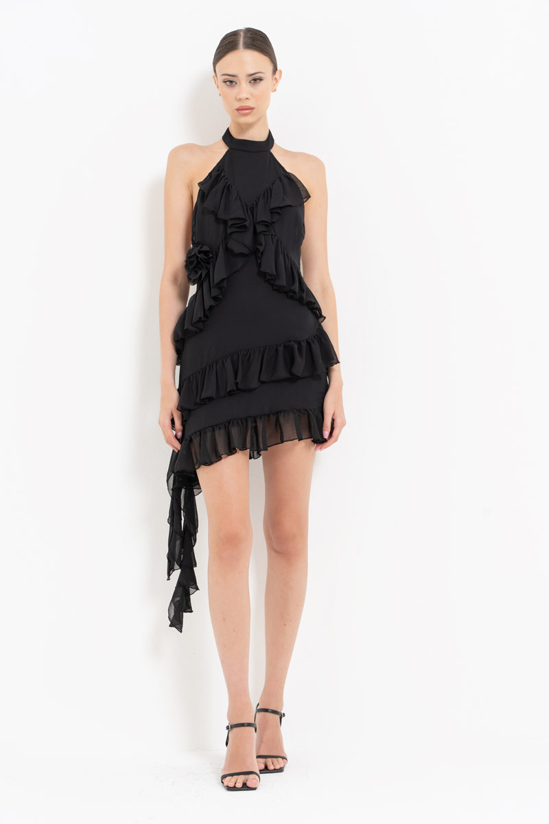 Black Ruffle-Trim Backless Dress