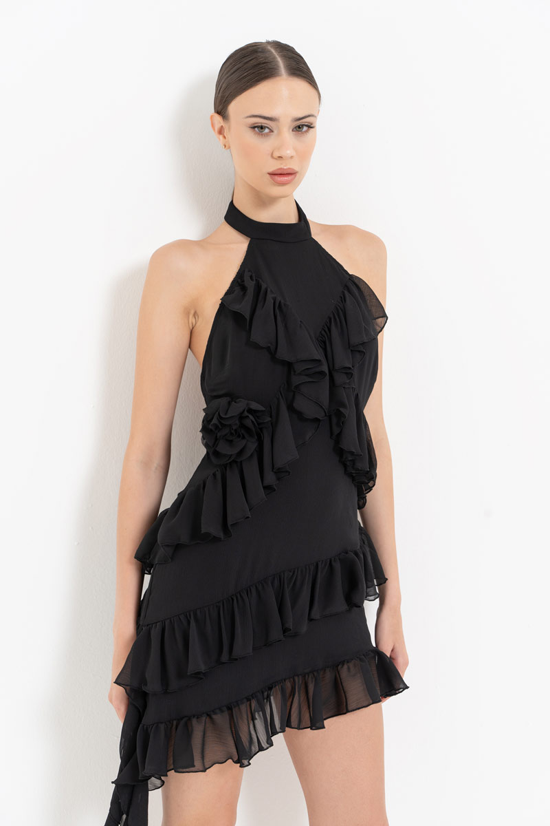 Black Ruffle-Trim Backless Dress