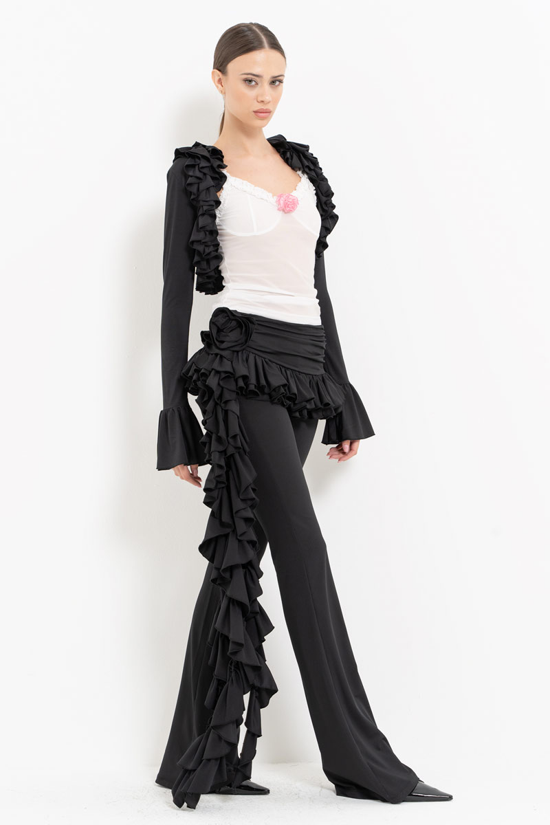 Black-Offwhite Ruffle-Trim Bolero with Mesh Cami & Pants Set