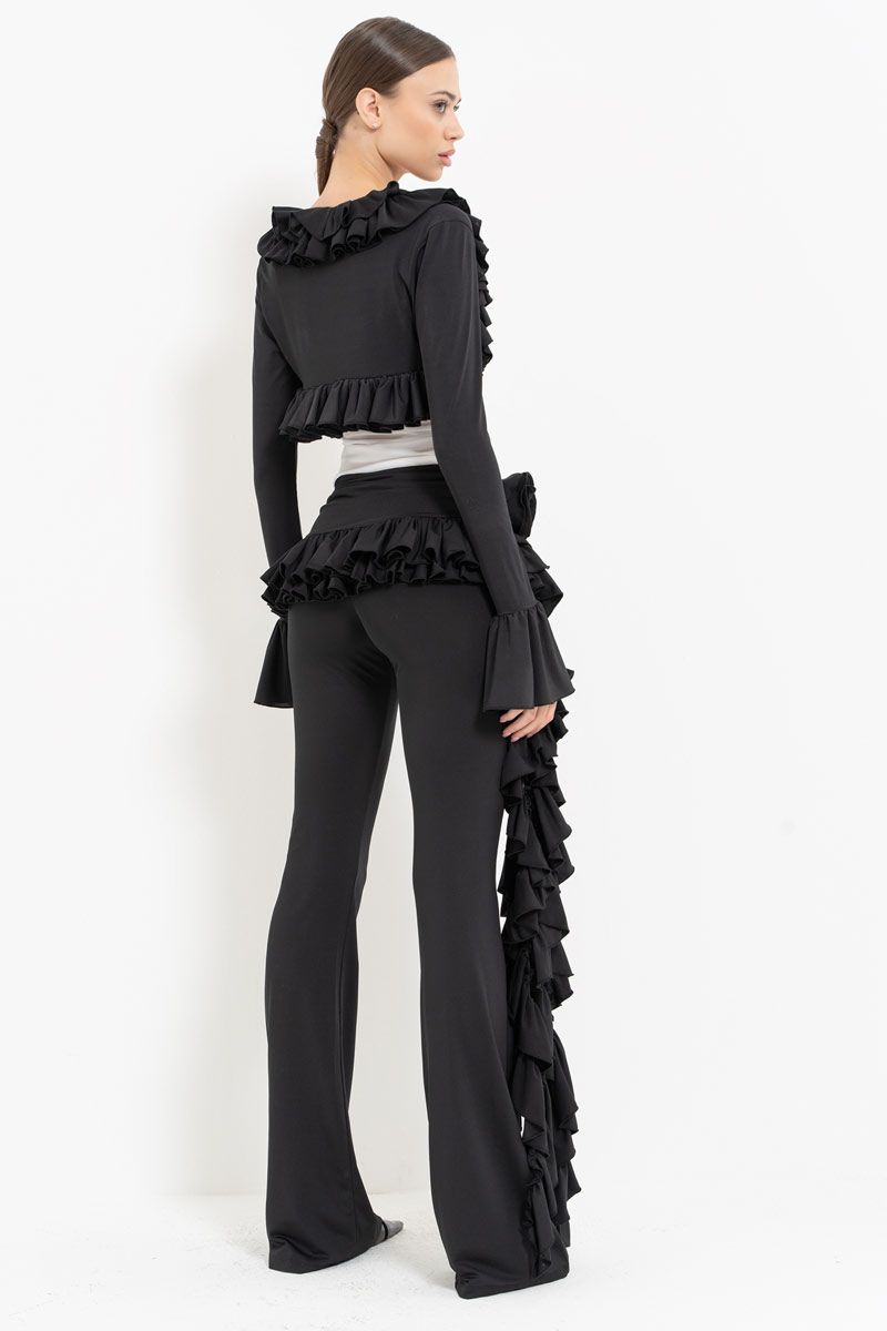 Black-Offwhite Ruffle-Trim Bolero with Mesh Cami & Pants Set