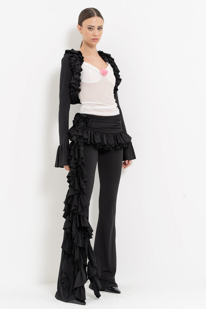 Black-Offwhite Ruffle-Trim Bolero with Mesh Cami & Pants Set