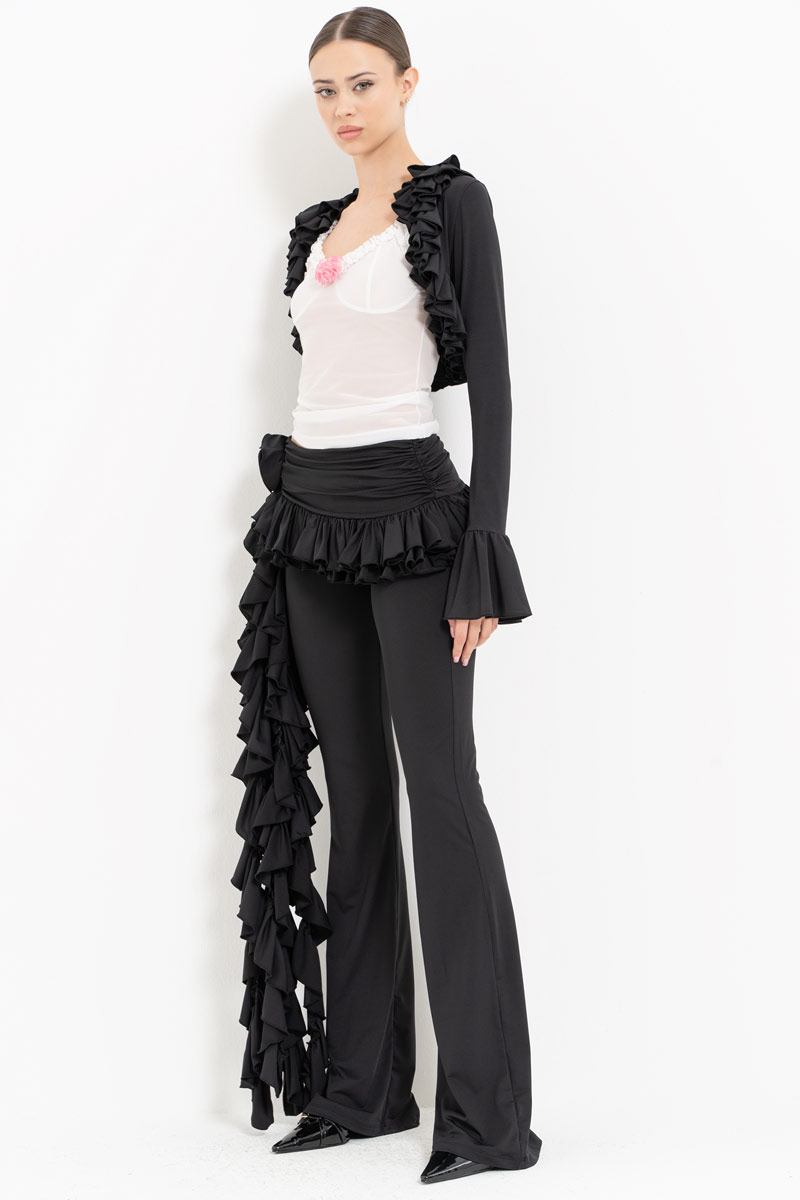 Black-Offwhite Ruffle-Trim Bolero with Mesh Cami & Pants Set