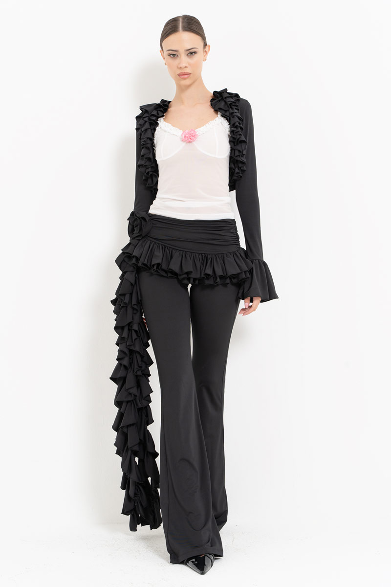 Black-Offwhite Ruffle-Trim Bolero with Mesh Cami & Pants Set