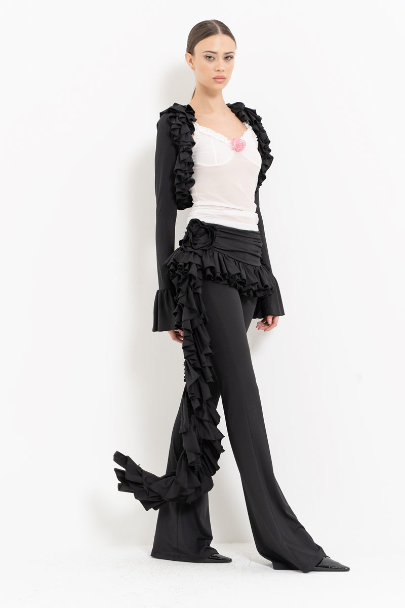 Black-Offwhite Ruffle-Trim Bolero with Mesh Cami & Pants Set