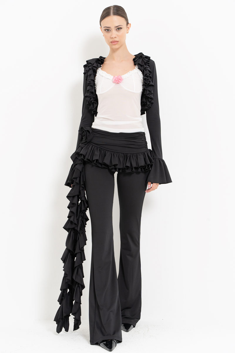 Black-Offwhite Ruffle-Trim Bolero with Mesh Cami & Pants Set