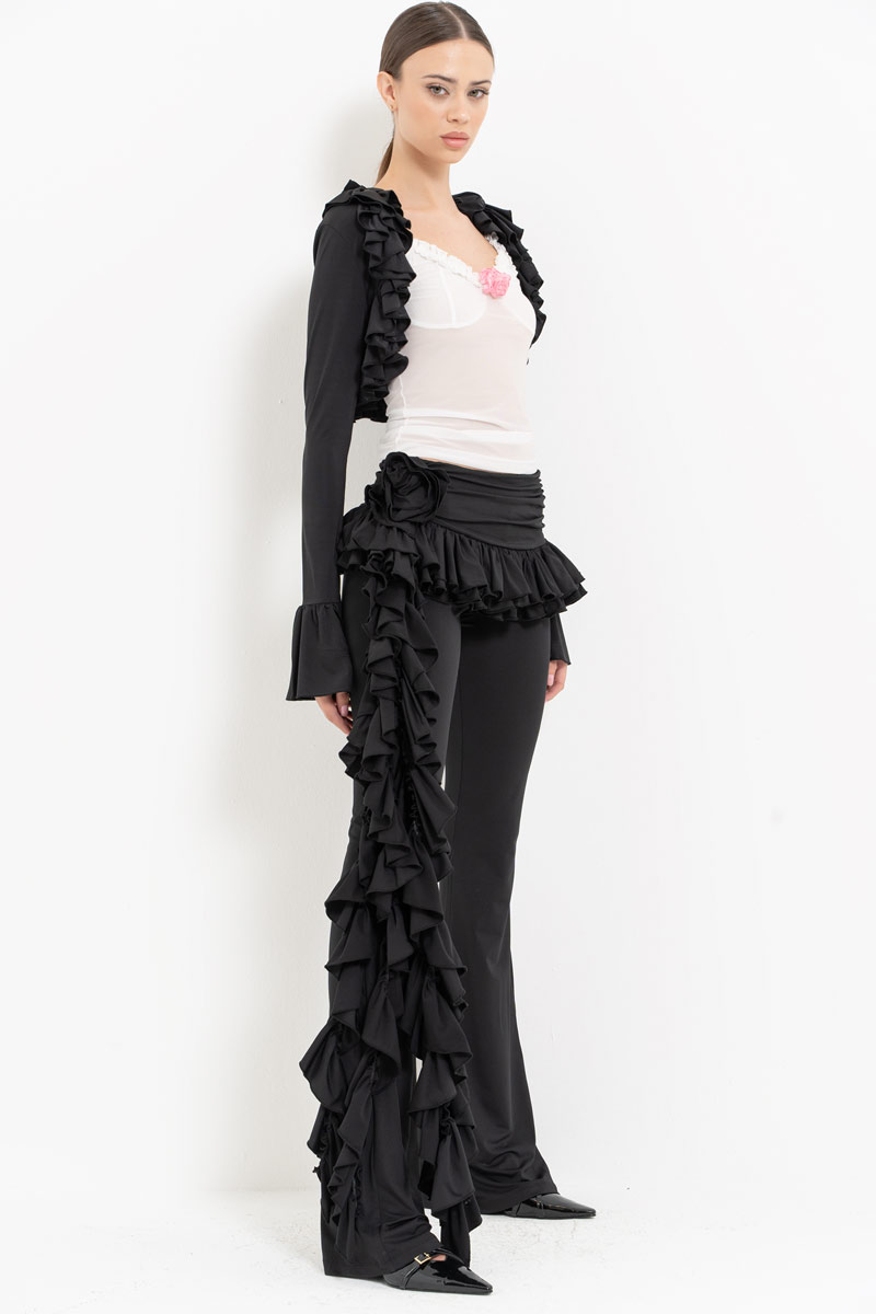 Black-Offwhite Ruffle-Trim Bolero with Mesh Cami & Pants Set