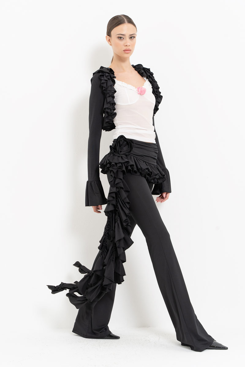 Black-Offwhite Ruffle-Trim Bolero with Mesh Cami & Pants Set