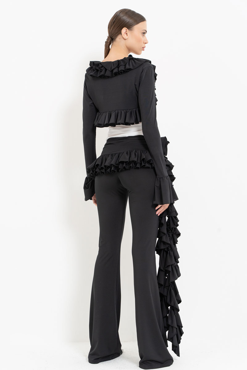 Black-Offwhite Ruffle-Trim Bolero with Mesh Cami & Pants Set