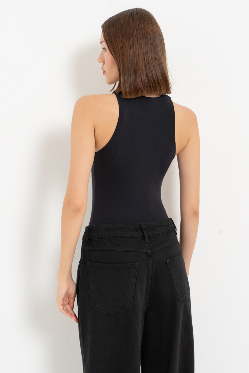 Black Sleeveless Snap-Button Bodysuit