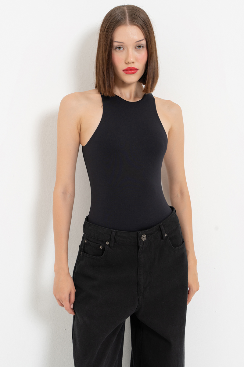 Black Sleeveless Snap-Button Bodysuit