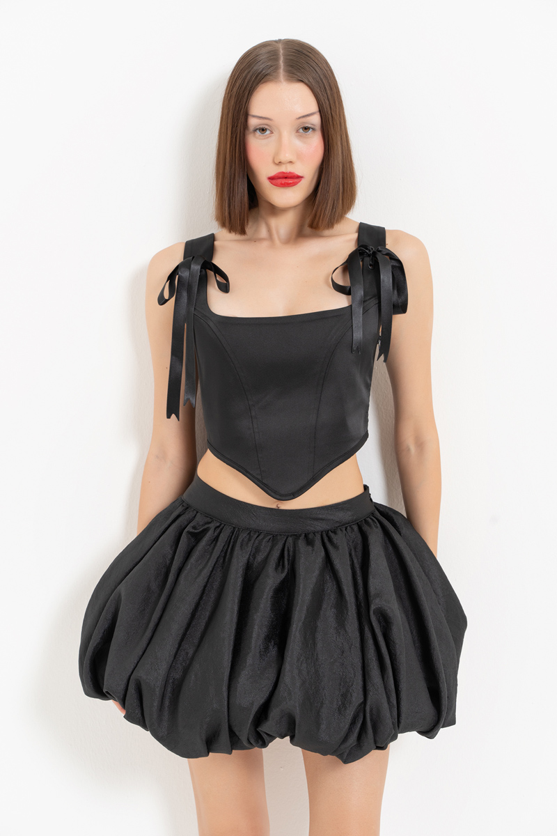 Black Tie-Accent Satin Bustier