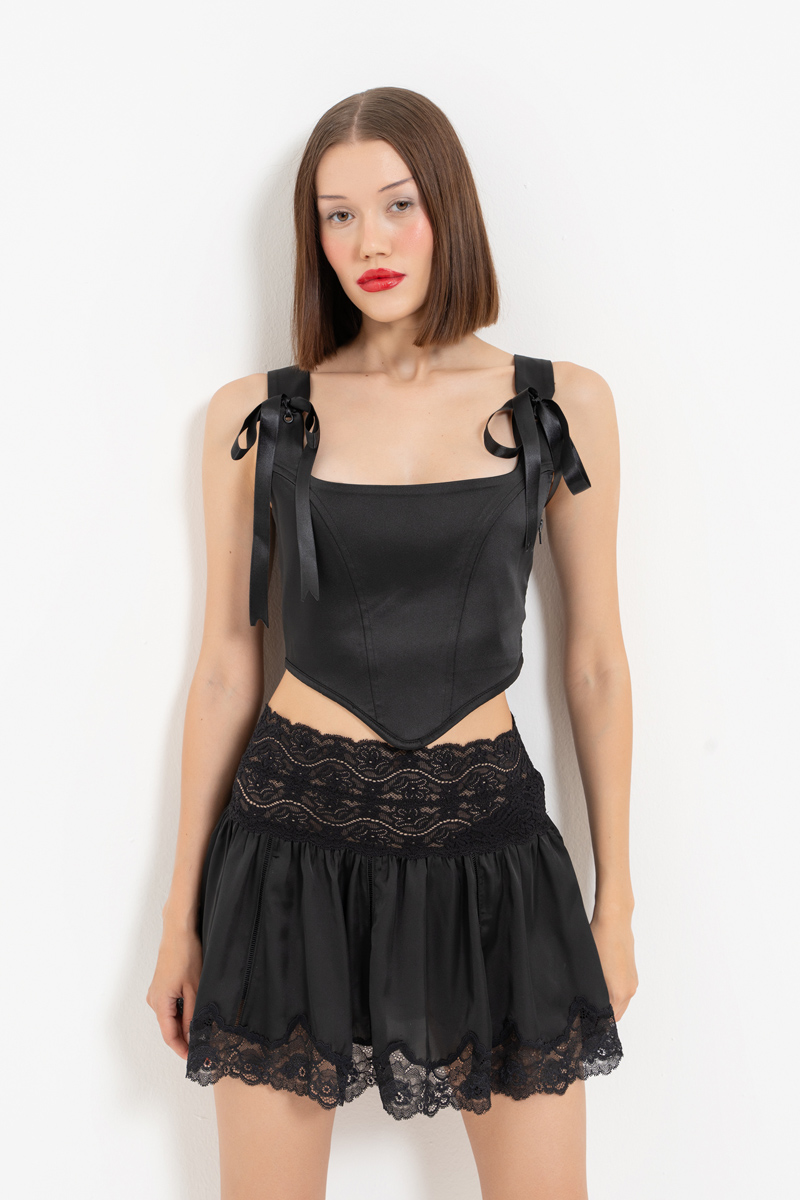 Black Tie-Accent Satin Bustier