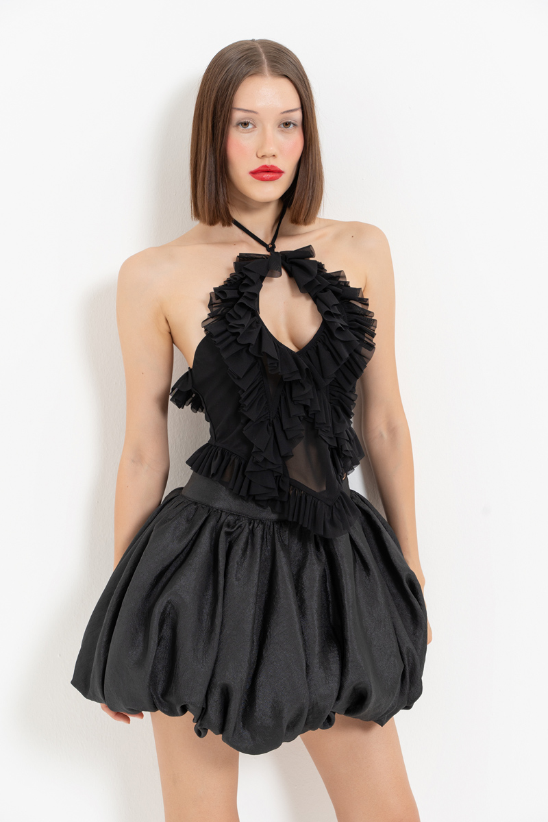 Black Ruffle-Trim Halter Mesh Top