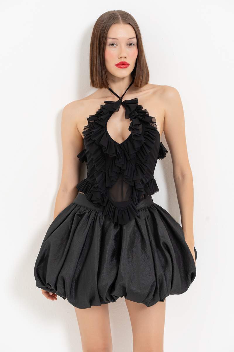 Black Ruffle-Trim Halter Mesh Top